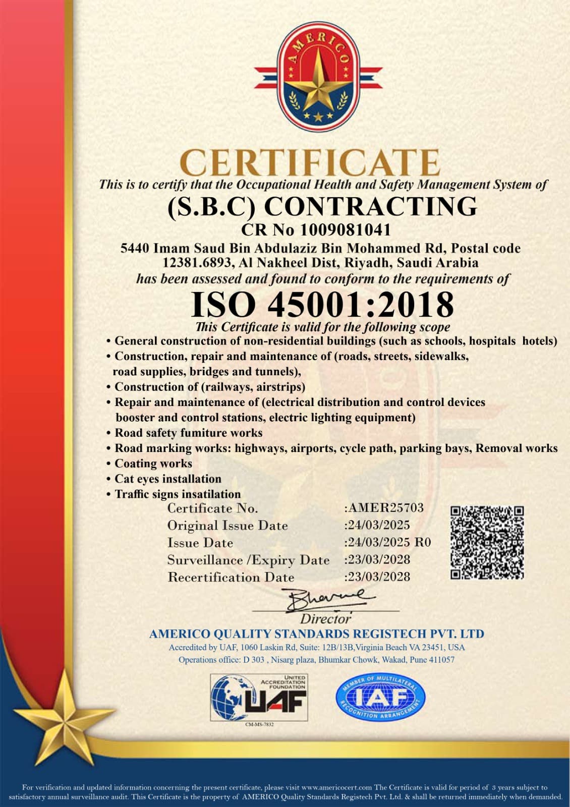 ISO 45001:2018 Certificate — SBC Contracting